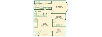 The Barcelona III Model at Pike Run Village floorplan showing a living room, den, spacious country kitchen, storage room, private balcony, full bathroom, washer and dryer, large master bedroom with bathroom.