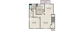 The 1 Bedroom Luxury at Beekman Gardens floorplan image showing a living room, dining room with private balcony, kitchen, full bathroom and bedroom with walk-in closet