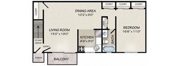 The 1 Bedroom at Beekman Gardens floorplan image showing a living room with private balcony, dining area, kitchen, full bathroom and bedroom with three closets.