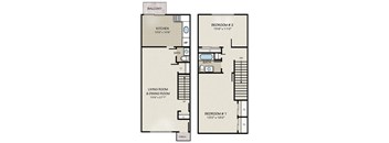 The 2 Bedroom Duplex at Beekman Gardens floorplan image showing a living and dining room with a powder room, spacious kitchen and private balcony and a second floor with a bedroom, full bathroom and spacious second bedroom with two large closets.