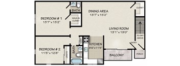 The 2 Bedroom Luxury at Beekman Gardens floorplan image showing a living room, dining room with private balcony, kitchen, full bathroom, one bedroom with walk-in closet and half bath and a second bedroom.