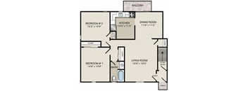 The 2 Bedroom at Beekman Gardens floorplan image showing a living room, dining room with private balcony, kitchen, full bathroom and and two bedrooms.