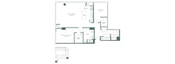 This floorplan for a two-bedroom, two-bathroom apartment at RVR at Xchange opens into a hallway, leading to a full bathroom and a bedroom. Continue on to the open kitchen with a dishwasher and kitchen island. Past the kitchen is a spacious living and dining room area and the entrance to the primary bedroom suite with a large walk-in closet, and full bathroom with double sinks.