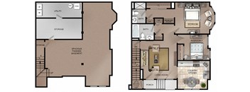 The Cambridge Model at Pike Run Village floorplan image showing large living room with porch, spacious country kitchen, second bedroom, full bath, master bedroom with bathroom. Model includes large finished basement with storage area and washer dryer.