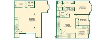 The Cambridge II Model at Pike Run Village floorplan image showing large living room with porch, spacious country kitchen, second bedroom, full bath, master bedroom with bathroom. Model includes large finished basement with storage area and washer dryer.