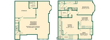 The Cambridge III Model at Pike Run Village floorplan image showing large living room with porch, spacious country kitchen, second bedroom, full bath, master bedroom with bathroom. Model includes large finished basement with storage area and washer dryer.