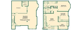The Cambridge IV Model at Pike Run Village floorplan image showing large living room with porch, spacious country kitchen, second bedroom, full bath, master bedroom with bathroom. Model includes large finished basement with storage area and washer dryer.