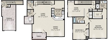 This end unit apartment at Princeton Terrace features a kitchen with dishwasher, living and dining room, a Master Bedroom Suite, a second bedroom, 2 and a half baths, home office, full size washer and dryer and a 1 car garage.