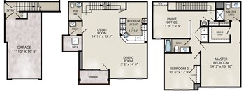 This apartment at Princeton Terrace features a kitchen with dishwasher, living and dining room, a Master Bedroom Suite, a second bedroom, 2 and a half baths, home office, full size washer and dryer and a 1 car garage.