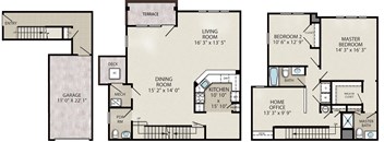 This end unit apartment at Princeton Terrace features a kitchen with dishwasher, living and dining room, a Master Bedroom Suite, a second bedroom, 2 and a half baths, home office, full size washer and dryer and a 1 car garage.