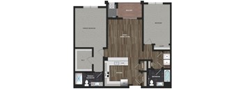 Floor plan image of the Clover model at Montgomery Meadows showing 2 bedrooms, 2 bathrooms, kitchen, a living and dining room, full size washer and dryer and a balcony. The bedrooms are carpeted, the bathrooms have ceramic tile, and the living area has luxury woodgrain vinyl flooring.