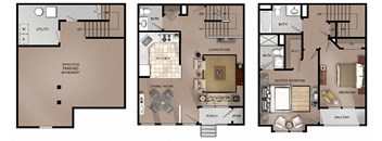 The Dublin Model at Pike Run Village floorplan image showing finished basement with washer dryer, first floor with large living room, separate dining room, kitchen with dishwasher, half bathroom and porch with storage area, and second floor with spacious bedroom, full bathroom, large master bedroom with walk in closet, bathroom and balcony.