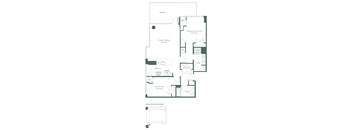 This floorplan for a two-bedroom, two-bathroom apartment at RVR at Xchange shows an entrance hallway, leading to a full bathroom and a bedroom. Continue on to the open kitchen with a dishwasher and kitchen island. Past the kitchen is a spacious living and dining room area with an expansive balcony, the entrance to the primary bedroom suite with full bathroom.