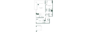 This floorplan for a two-bedroom, two-bathroom apartment at RVR at Xchange shows an entrance hallway, leading to a full bathroom and a bedroom. Continue on to the open kitchen with a dishwasher and kitchen island. Past the kitchen is a spacious living and dining room area with an expansive wrap around balcony, the entrance to the primary bedroom suite with full bathroom.
