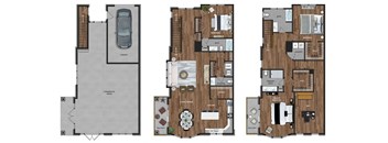 This 3 bedroom, 3.5 bathroom at Ewing Town Center image shows a 1 car garage with stairs leading up to the 1st floor. The 1st floor features a kitchen, living and dining room, bedroom with full bath, powder room and a balcony. The third floor features a Primary Bedroom Suite with full bath, a second bedroom and a second full bath, a den, and full size washer and dryer.