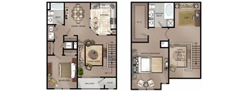 The Exeter Model at Pike Run Village floorplan image showing first floor living room with private balcony and storage, separate dining room, spacious kitchen with dishwasher, second bedroom, full bathroom and washer dryer. The second floor has an open loft area for additional living space, master bedroom, spacious walk in closet and master bath with separate tub and shower.