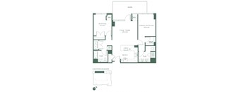 This floorplan for a two-bedroom, two-bathroom apartment at RVR at Xchange opens into a fully equipped kitchen with a dishwasher and pantry. Past the kitchen is a living and dining area with a spacious balcony, a full bathroom, and a bedroom with a closet. To the right is the entrance to the primary bedroom suite, with a full bathroom with double sinks.