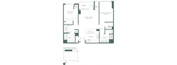This floorplan for a two-bedroom, two-bathroom apartment at RVR at Xchange opens into a fully equipped kitchen with a dishwasher and pantry. Past the kitchen is a living and dining area with a balcony, the living and dining room, a full bathroom and a bedroom. To the right of the living and dining room is the entrance to the primary bedroom suite, with a large walk-in closet, and a full bathroom.