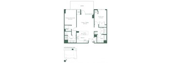 This floorplan for a two bedroom, two bathroom apartment at RVR at Xchange opens up into a fully equipped kitchen with a dishwasher and pantry. Past the kitchen is a living and dining area with a spacious balcony, the living and dining room and a bedroom with a closet. To the left of is the entrance to the primary bedroom suite, with a large walk-in closet and a full bathroom.