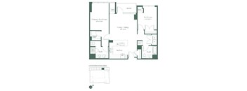 This floorplan for a two-bedroom, two-bathroom apartment at RVR at Xchange opens into a fully equipped kitchen with a dishwasher and pantry. Past the kitchen is a living and dining area with a balcony, the living and dining room, full bathroom and a bedroom with a closet. To the left is the entrance to the primary bedroom suite, with a large walk-in closet, and a full bathroom.