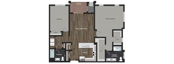 Floor plan image of the Gardenia model at Montgomery Meadows showing 2 bedrooms, 2 bathrooms, kitchen, a living and dining room, full size washer and dryer and a balcony. The bedrooms are carpeted, the bathrooms have ceramic tile, and the living area has luxury woodgrain vinyl flooring.