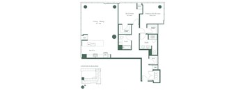 This floorplan for a two-bedroom, two-bathroom apartment at RVR at Xchange begins with an entry leading to a fully equipped kitchen including a dishwasher and pantry and a spacious living and dining room area. Continuing straight down the hallway there is a full bathroom on the left with a large walk-in closet, entrance to the primary bedroom featuring a walk-in closet, and a full bathroom.