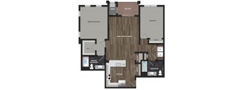 Floor plan image of the Iris model at Montgomery Meadows showing 2 bedrooms, 2 bathrooms, kitchen, a living and dining room, full size washer and dryer and a balcony. The bedrooms are carpeted, the bathrooms have ceramic tile, and the living area has luxury woodgrain vinyl flooring.