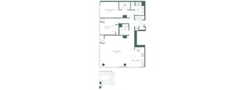 This floorplan for a two bedroom, two bathroom apartment at RVR at Xchange shows an entry hallway leading to a full bathroom, and a bedroom with a closet. To the left is a spacious living and dining area, a fully equipped open kitchen with a dishwasher and a kitchen island. To the right of the entryway is the entrance to the primary bedroom, containing a large walk-in closet and a full bathroom.