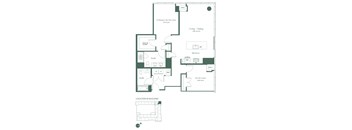Floorplan for a two bedroom, two bathroom apartment at RVR at Xchange shows a hallway leading to a full bathroom and a bedroom. As you continue into the apartment it opens to a fully equipped kitchen with a dishwasher and a pantry and a spacious living and dining room area. To the left is the entrance to the primary bedroom suite, featuring a walk-in closet and full bathroom.