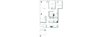 This floorplan for a two bedroom, two bathroom apartment with a den at RVR at Xchange starts with an hallway leading to a den and a full bathroom. Continuing into the apartment you will find a living and dining room area, a fully equipped kitchen with a pantry and dishwasher. To the right is a bedroom and the entrance to the primary bedroom containing a large walk-in closet and full bathroom.