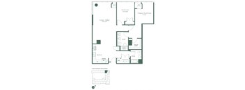 This floorplan for a two bedroom, two bathroom apartment with a den at RVR at Xchange starts with an hallway leading to a den and a full bathroom. Continuing into the apartment you will find a living and dining room area, a fully equipped kitchen with a pantry and dishwasher. To the right is a bedroom and the entrance to the primary bedroom containing a large walk-in closet and full bathroom.