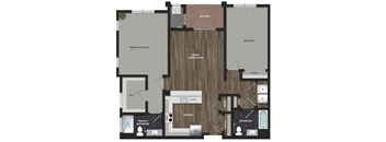 Floor plan image of the Iris model at Montgomery Meadows showing 2 bedrooms, 2 bathrooms, kitchen, a living and dining room, full size washer and dryer and a balcony. The bedrooms are carpeted, the bathrooms have ceramic tile, and the living area has luxury woodgrain vinyl flooring.