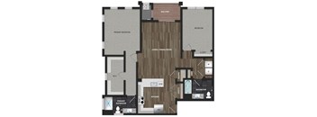 Floor plan image of the Lotus model at Montgomery Meadows showing 2 bedrooms, 2 bathrooms, kitchen, a living and dining room, full size washer and dryer and a balcony. The bedrooms are carpeted, the bathrooms have ceramic tile, and the living area has luxury woodgrain vinyl flooring.