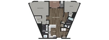 Floor plan image of the Magnolia model at Montgomery Meadows showing 2 bedrooms, 2 bathrooms, kitchen, a living and dining room, full size washer and dryer and a balcony. The bedrooms are carpeted, the bathrooms have ceramic tile, and the living area has luxury woodgrain vinyl flooring.