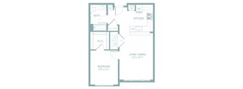 A floor plan of a small apartment with a living room, kitchen, and bedroom.