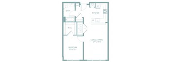 A floor plan of a small apartment with a living room, kitchen, bedroom, and bathroom.