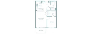 A floor plan of a small apartment with a kitchen, living room, dining room, bedroom, and bathroom.