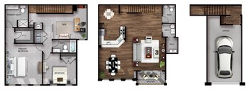 This 2 Bedroom with den apartment at Ewing Town Center image shows a 1 car garage with stairs leading up to the first floor showing a kitchen with dishwasher, living room dining room, powder room and a balcony. The third floor features a Primary Bedroom Suite with walk-in closet and full bathroom, a second bedroom and a second full bathroom, a den, and a closet with full size washer and dryer.