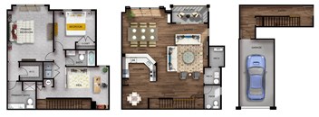 This 2 Bedroom with den apartment at Ewing Town Center image shows a 1 car garage with stairs leading up to the first floor showing a kitchen with dishwasher, living room dining room, powder room and a balcony. The third floor features a Primary Bedroom Suite with walk-in closet and full bathroom, a second bedroom and a second full bathroom, a den, and a closet with full size washer and dryer.