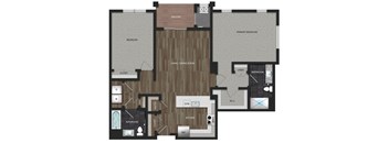Floor plan image of the Orchid model at Montgomery Meadows showing 2 bedrooms, 2 bathrooms, kitchen, a living and dining room, full size washer and dryer and a balcony. The bedrooms are carpeted, the bathrooms have ceramic tile, and the living area has luxury woodgrain vinyl flooring.