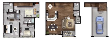 This 2 Bedroom with den apartment at Ewing Town Center image shows a 1 car garage with stairs leading up to the first floor showing a kitchen with dishwasher, living room dining room, powder room and a balcony. The third floor features a Primary Bedroom Suite with walk-in closet and full bathroom, a second bedroom and a second full bathroom, a den, and a closet with full size washer and dryer.
