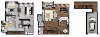 This 2 Bedroom with den apartment at Ewing Town Center image shows a 1 car garage with stairs leading up to the first floor showing a kitchen with dishwasher, living room dining room, powder room and a balcony. The third floor features a Primary Bedroom Suite with walk-in closet and full bathroom, a second bedroom and a second full bathroom, a den, and a closet with full size washer and dryer.