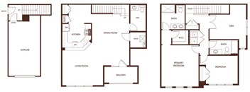 Three floor plans of a house with labeled rooms.