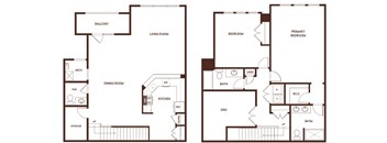 A floor plan of a two bedroom apartment with a living room, dining room, kitchen and storage.