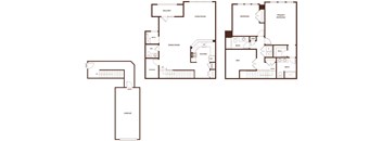 A floor plan of a house with a garage, living room, dining room, kitchen, and two bedrooms.