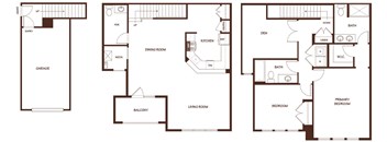 A set of three floor plans for a house with a garage, living room, and kitchen.
