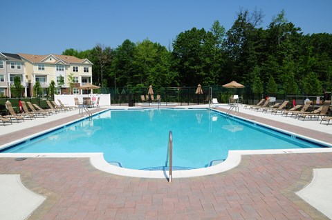 Princeton Terrace swimming pool photo showing a very large pool with reclining chairs located on both sides surrounded by a fence. The apartment building can be seen in the background. Several trees highlight the landscaping.