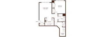 A floor plan of a small apartment with a bedroom, living/dining area, kitchen, bathroom, and laundry room.