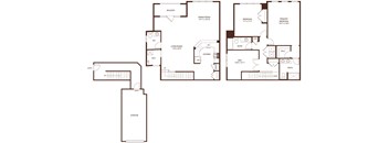 A floor plan of a house with a garage, living room, dining room, kitchen, and two bedrooms.