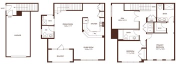 Three floor plans for a house with a garage, living room, and kitchen.